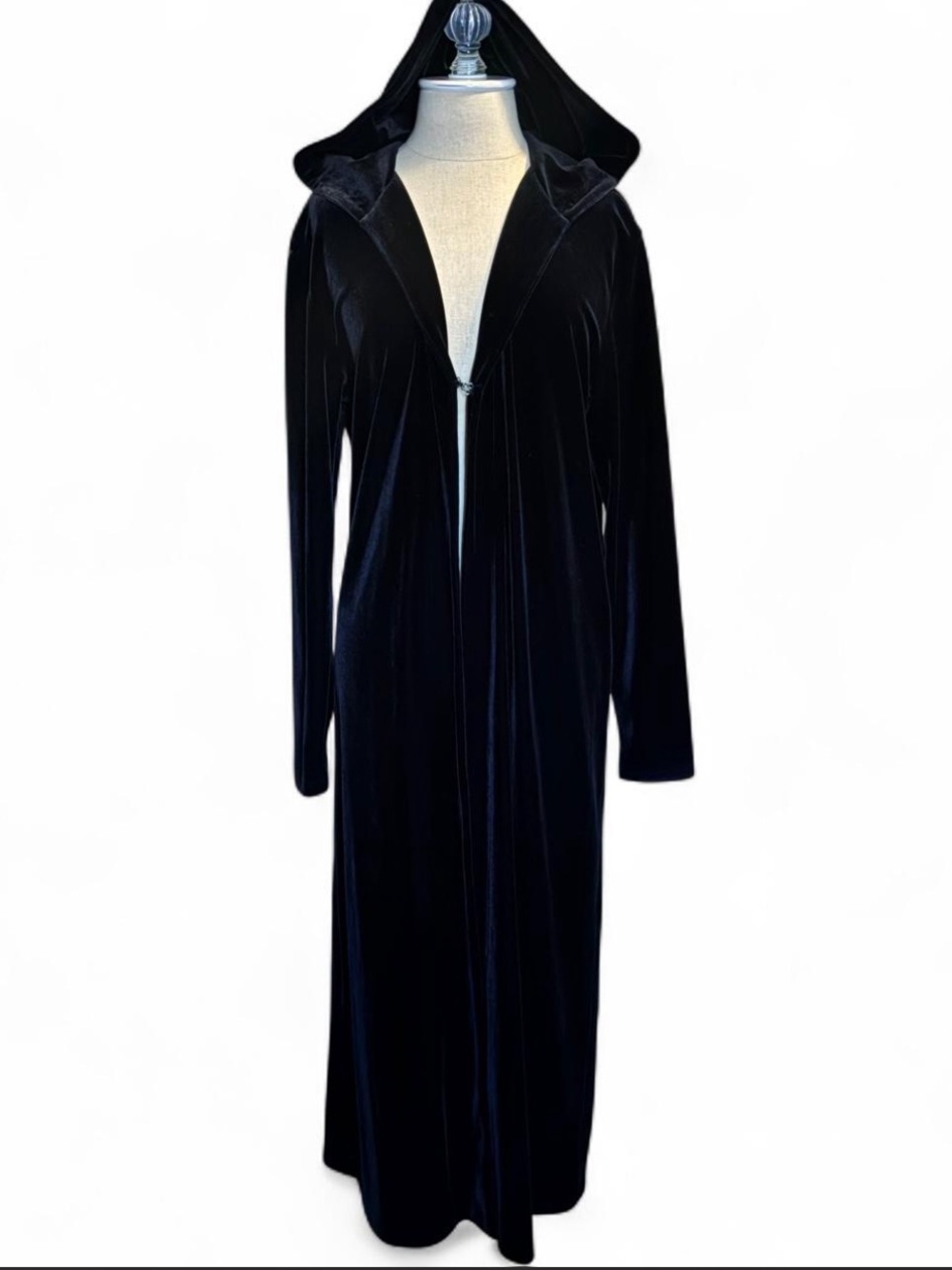 Vintage witchy black velvet full length hooded long sleeve maxi cardigan